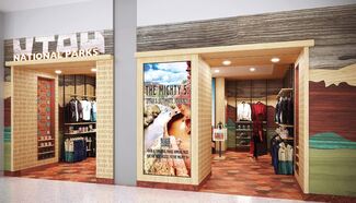 An artist rendering of a retail store called Utah National Parks with a graphic wall of a state park and interior space of clothing.